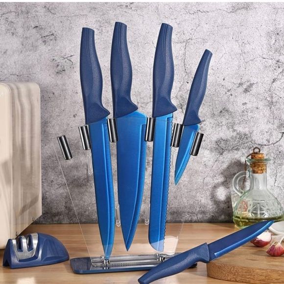 Blue 7 piece Kitchen Knife Sets, Knife Block Stainless Steel with Knives - Picture 1 of 7